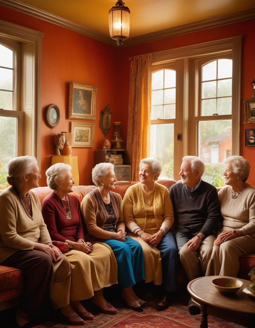 A warm, inviting family gathering in a cozy living room, showcasing diverse generations sharing stories and artifacts that represent their cultural heritage. Lively colors in the background symbolize vibrant traditions, including decorated walls with family photos and heirlooms. Gentle sunlight pours in through a window, highlighting the joyful expressions of connection and love. super-realistic. warm tones. soft lighting.