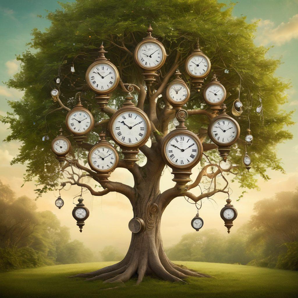 A whimsical family tree intertwining with clocks and hourglasses, symbolizing the connection between the past and present. Portraits of diverse family members in the branches, sharing their stories. Ethereal light illuminating the tree, suggesting warmth and unity in relationships. Lush greenery surrounding the tree, representing growth and continuity. surrealism. vibrant colors. soft background.
