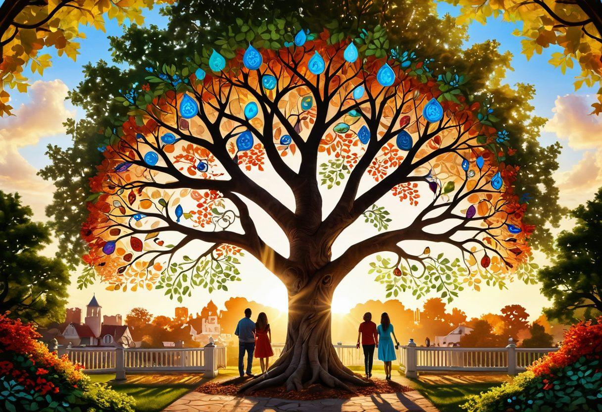 A family tree intertwined with vibrant leaves, each leaf showcasing unique ancestral symbols and tales, surrounded by joyful gatherings of diverse family members sharing stories in a warm, sunlight-drenched garden. A backdrop of historical landmarks and heritage sites, illustrating connections through time. super-realistic. vibrant colors. warm lighting.